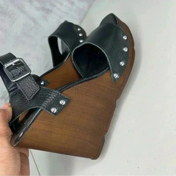 Christian Di Riccio Leather Platform Wood‎ Clog Heel Wedge Sandals Sz 7.5 - Picture 6 of 11